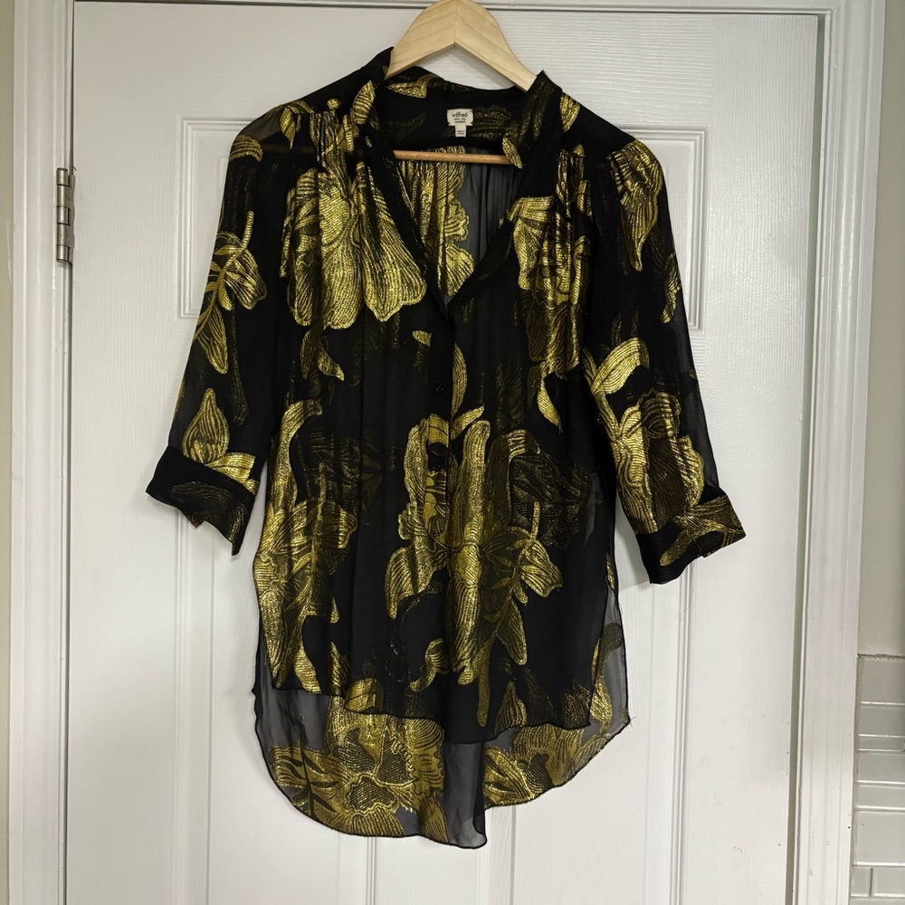 Wilfred Black And Gold Metallic Silk Blend Blouse Size XXS